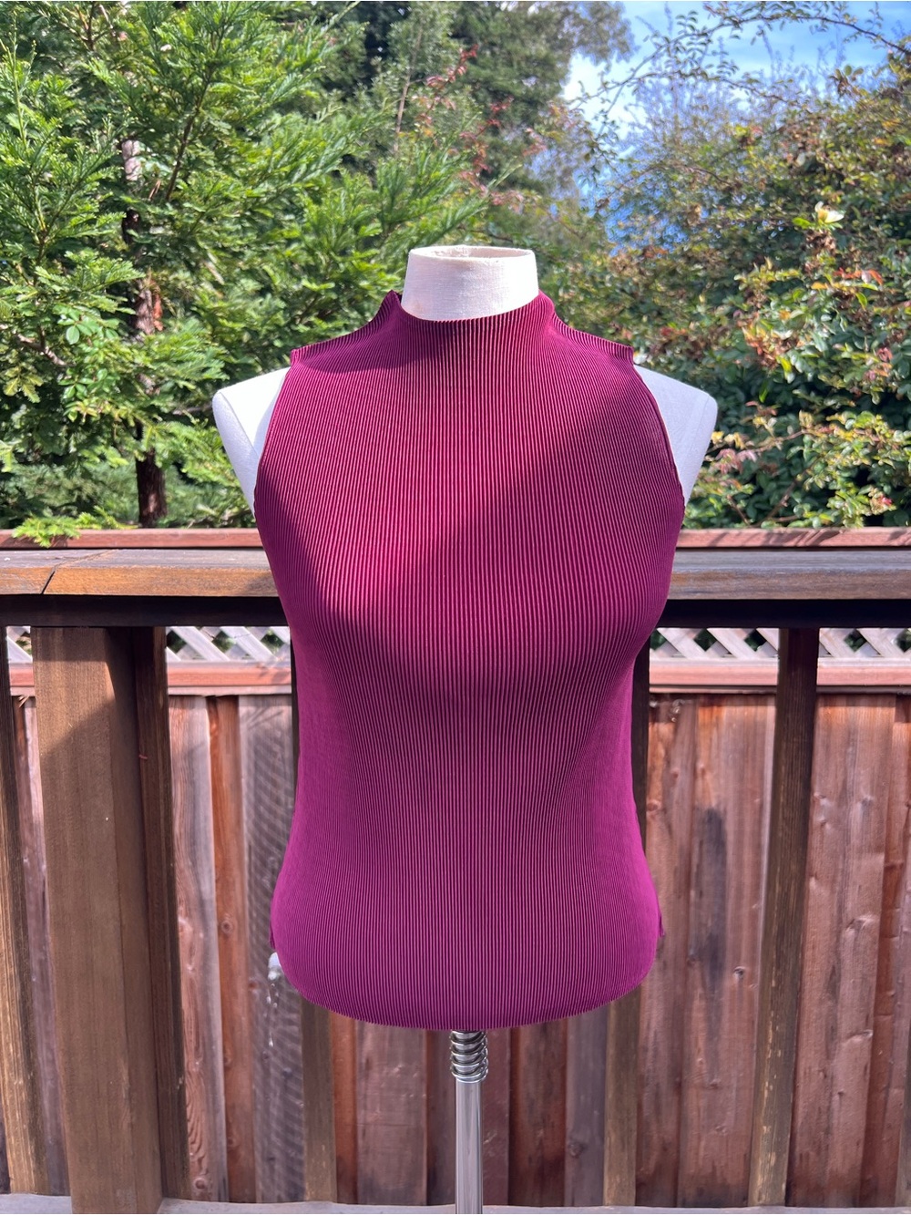 Sleeveless Pleated Mock Neck Top in Berry